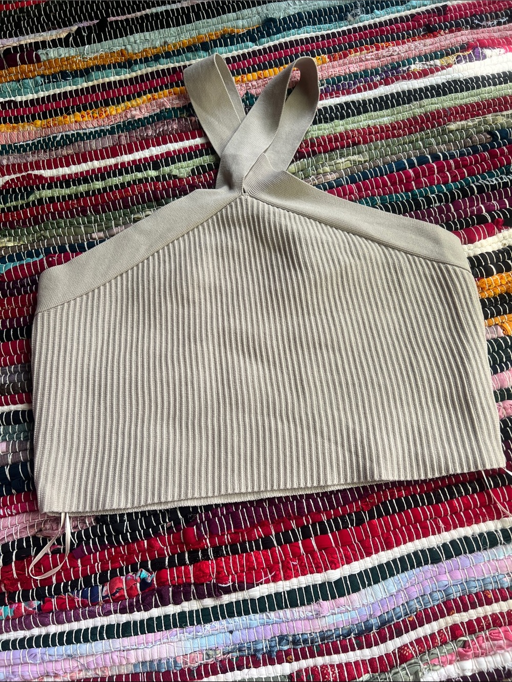Sincerely Jules Ribbed Crossback Crop Top in Light Tan